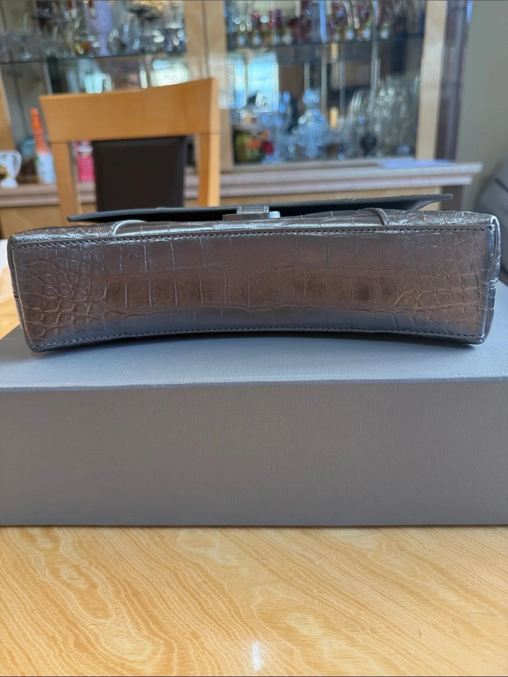 Balenciaga dark metallic Croc-Embossed Leather bag